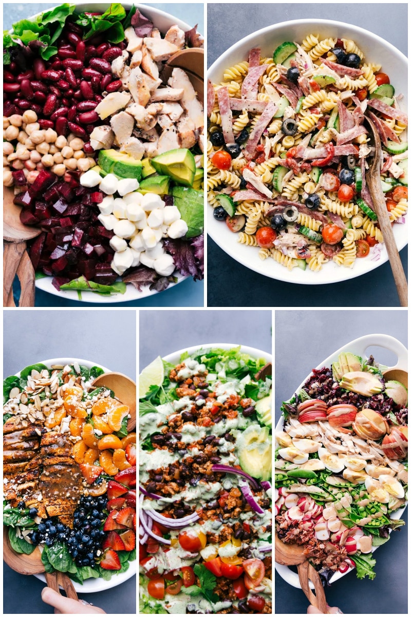 Dinner salads are substantial; they can make an entire meal on their own. These entrรฉe salads include pasta, meat, beans and/or other protein sources so that you're getting all the protein you need. When dinner is this delicious, who needs a heavy roast? Recipes via ChelseasMessyApron.com #dinner #dinnersalad #dinner #entree #protein #maincourse #salad Collage of dinner salads
