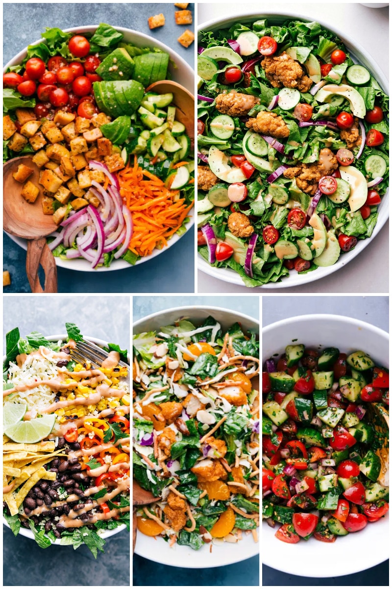 Most of our salad recipes are pretty straightforward. But sometimes, you just want something super easy, yet super delicious. These easy salads fit the bill! Recipes via ChelseasMessyApron.com #easysalad #easy #salad #sidedish #delicious #veggies Collage of easy salads