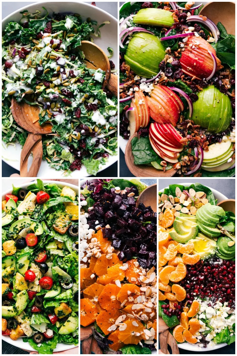 Green salads may sound traditional, but trust me: these salads are totally rocking with flavor! Nutritionists advise eating plenty of greens every day and these salads make it easy and delicious. Recipes via ChelseasMessyApron.com # #greensalads #green #veggies #salad #vegetarian #healthy #nutrition Collage of green salads