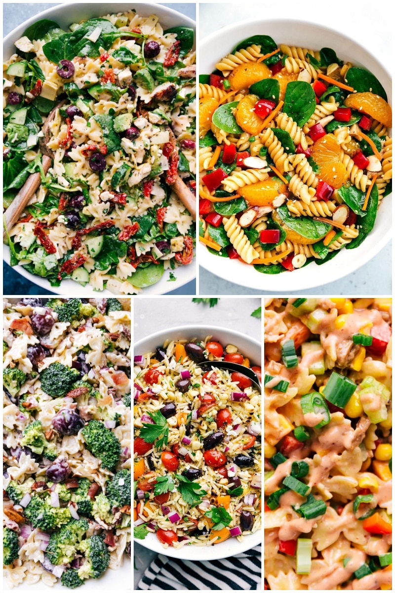 These delicious pasta salads are always crowd favorites and the first ones to go at potlucks! Try some of these easy, five-star recipes and be prepared to be wowwed! Recipes via ChelseasMessyApron.com #pasta #salad #pastasalad #dinner #potluck #delicious Collage of Pasta Salads