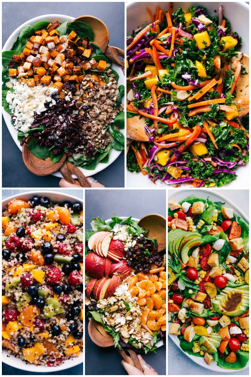 You won't miss the meat in these salads--the flavors are so vibrant! Serve them as entrรฉes or sides and wait for the compliments to roll in! Recipes via ChelseasMessyApron.com #vegetarian #salad #entreesalad #dinnersalad #healthy #salad Collage of vegetarian salads
