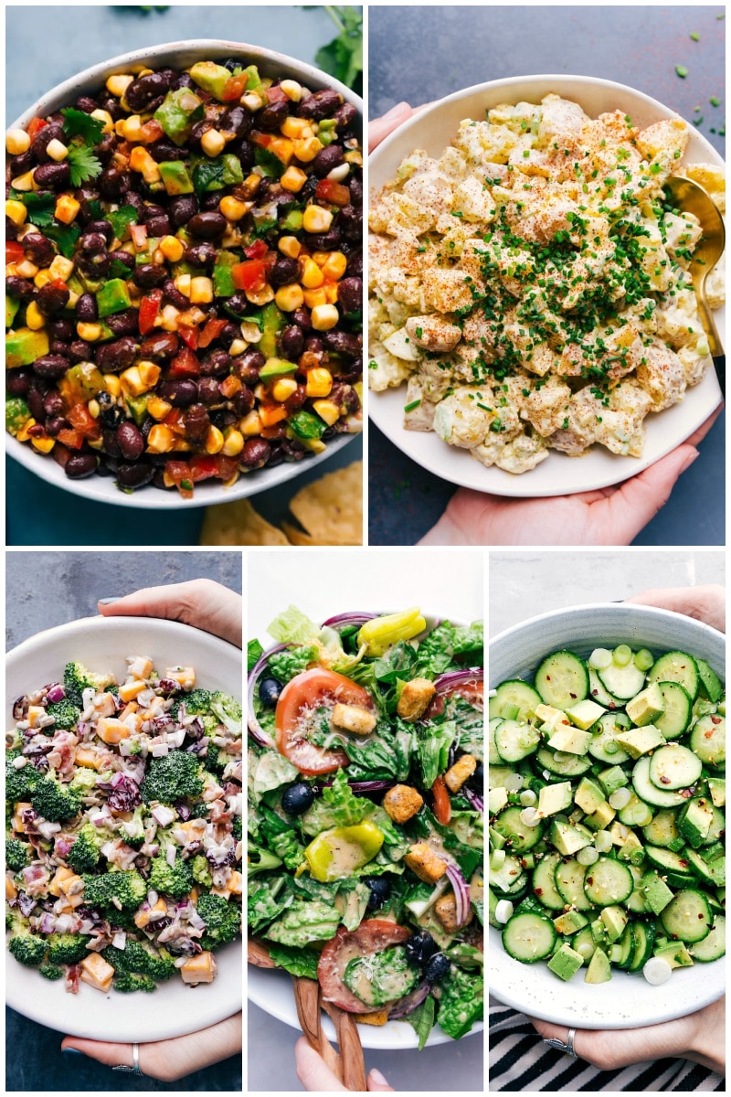 Even the best entrรฉe can use a side dish to round out the meal. Salads are a great choice because they're light, delicious and add in a nice serving or two of vegetables. Here are some of our favorites! Recipes via ChelseasMessyApron.com #sidedish #sidesalad #sides #salad #vegetarian #healthy #quick #easy Collage of side dishes