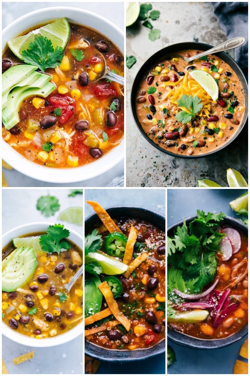 While soup can be an extremely budget-friendly choice, there are also planned soups that don't rely on leftovers at all. They're unique meals in their own way, and we have recipes for just about any variety of soup you can imagine. Recipes via ChelseasMessyApron.com #soup #recipes #favorites #Mexican #warm #comforting #comfortfood #basic #recipe Collage of Mexican-Inspired Soup Recipes