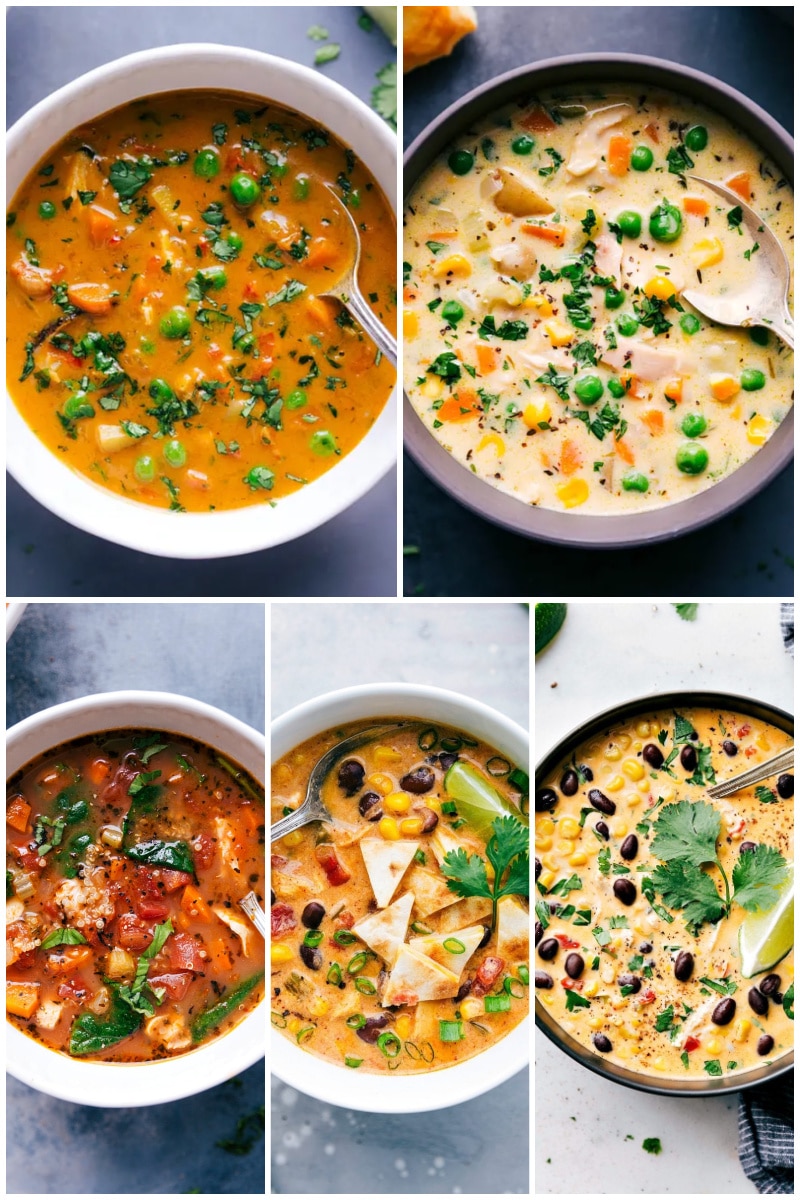 While soup can be an extremely budget-friendly choice, there are also planned soups that don't rely on leftovers at all. They're unique meals in their own way, and we have recipes for just about any variety of soup you can imagine. Recipes via ChelseasMessyApron.com #soup #chicken #recipes #favorites #warm #comforting #comfortfood #basic #recipe Collage of Chicken Soup recipes