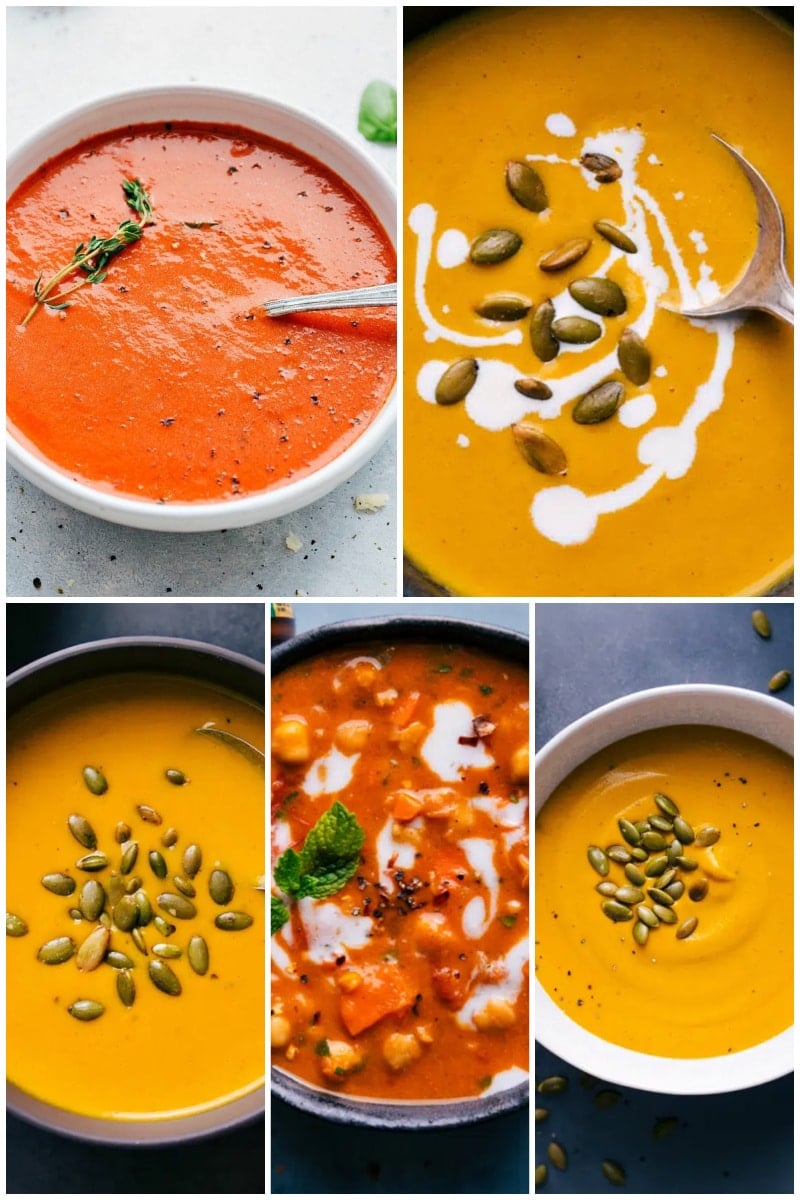 While soup can be an extremely budget-friendly choice, there are also planned soups that don't rely on leftovers at all. They're unique meals in their own way, and we have recipes for just about any variety of soup you can imagine. Recipes via ChelseasMessyApron.com #soup #recipes #favorites #warm #vegan #vegetarian #comforting #comfortfood #basic #recipe Collage of vegan and vegetarian soups