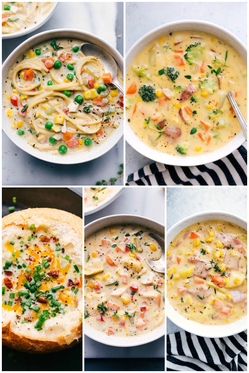 While soup can be an extremely budget-friendly choice, there are also planned soups that don't rely on leftovers at all. They're unique meals in their own way, and we have recipes for just about any variety of soup you can imagine. Recipes via ChelseasMessyApron.com #soup #recipes #creamy #favorites #warm #comforting #comfortfood #basic #recipe Collage of creamy soup recipes