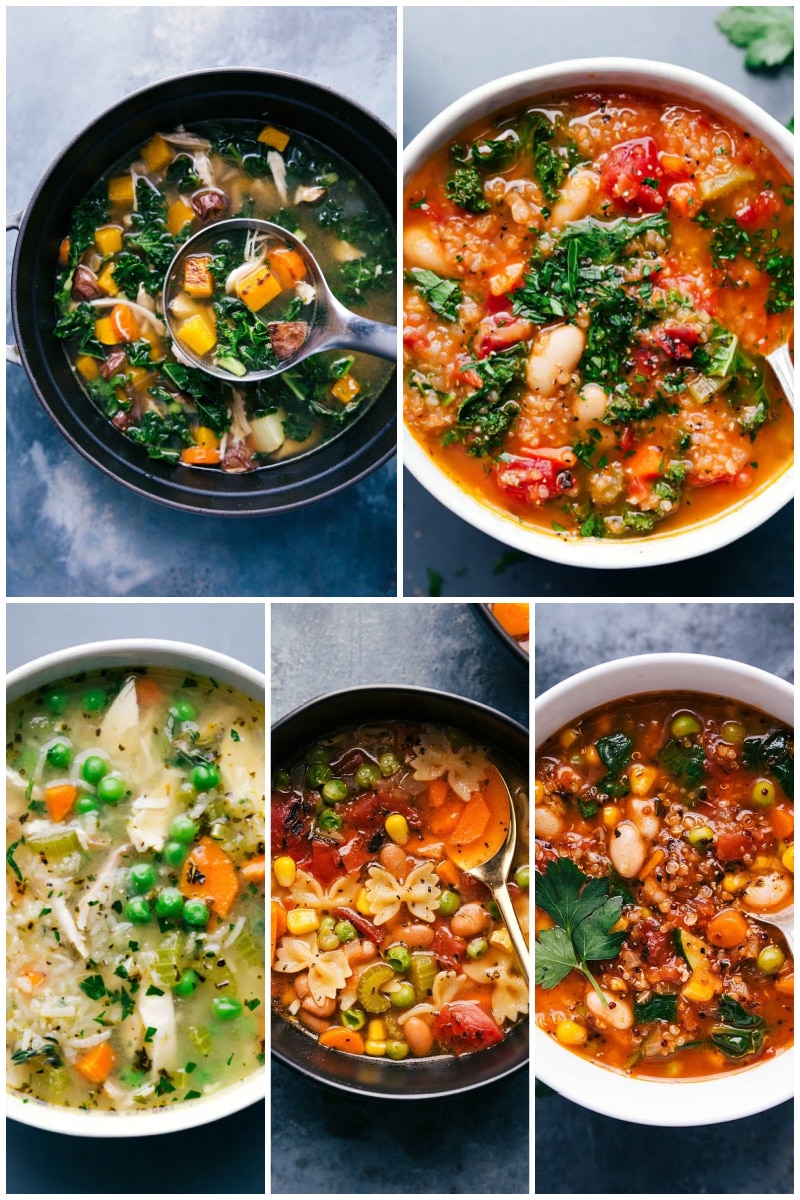 While soup can be an extremely budget-friendly choice, there are also planned soups that don't rely on leftovers at all. They're unique meals in their own way, and we have recipes for just about any variety of soup you can imagine. Recipes via ChelseasMessyApron.com #soup #recipes #favorites #warm #healthy #comforting #comfortfood #basic #recipe Collage of healthy soup recipes