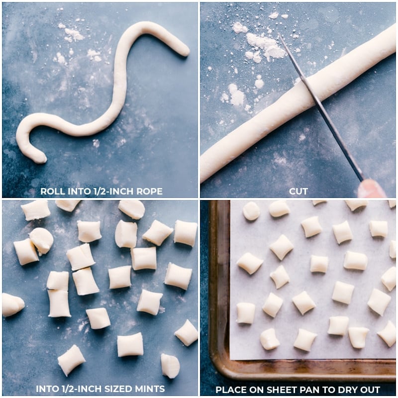 Butter Mints! While making candy from scratch can be a big ordeal to make, these mints are so simple to whip together -- no candy thermometer needed. Instead of looking where to buy butter mints, give this homemade version a try! Recipe via ChelseasMessyApron.com #buttermints #candy #homemade #easy #mints #treat #party #special Process shots: roll the dough into a rope; cut into 1/2-inch chunks; set aside to dry