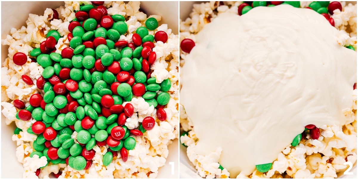 White Chocolate Christmas Popcorn Recipe Pour M&Ms and white chocolate over the popcorn to make this Christmas popcorn.