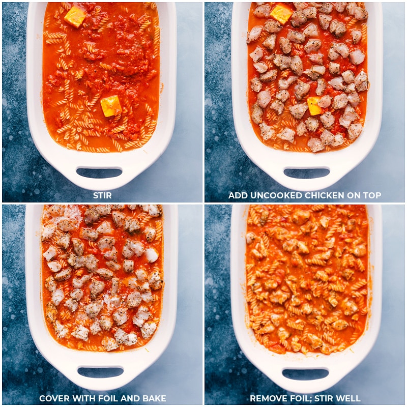 This simple Chicken Parmesan Pasta is completely assembled and prepared in one pan! Recipe via ChelseasMessyApron #dinner #quick #easy #simple #best #onepan #familyfriendly #kidfriendly #chicken #parmesan #pasta Process shots of Chicken Parmesan Pasta-- images of the chicken being added on top and mixing it all together.