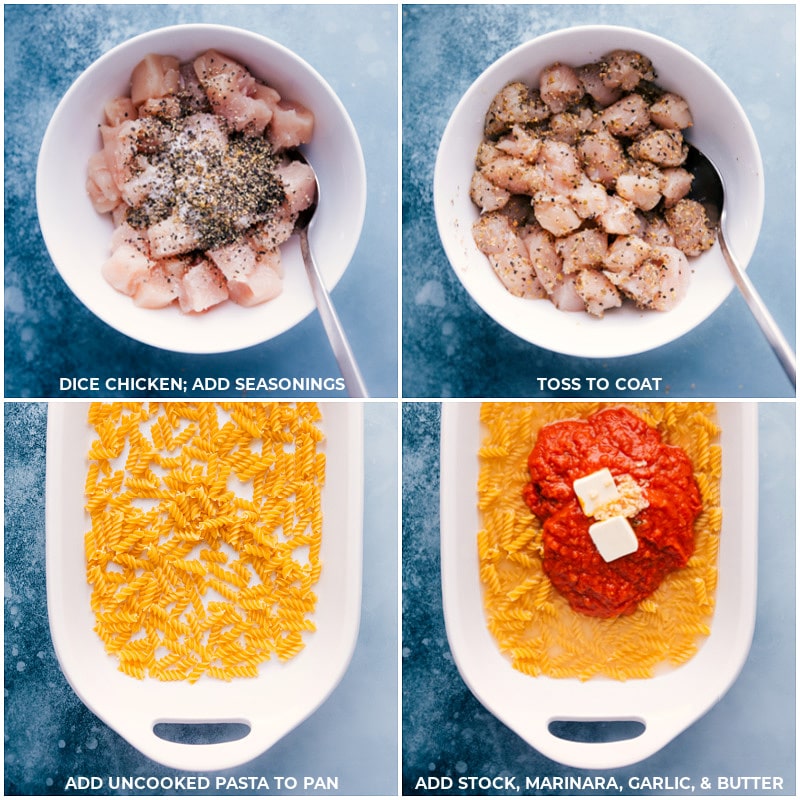 Chicken Parmesan Pasta is assembled and prepared in one pan โ throw uncooked pasta and uncooked chicken into a baking dish with a handful of other ingredients and watch in amazement as it bakes to cheesy perfection! Recipe via ChelseasMessyApron #dinner #quick #easy #simple #best #onepan #familyfriendly #kidfriendly #chicken #parmesan #pasta Process shots-- images of the chicken being coated in seasonings, pasta, chicken stock, marinara, garlic, and butter being added to a 9x13-inch pan.