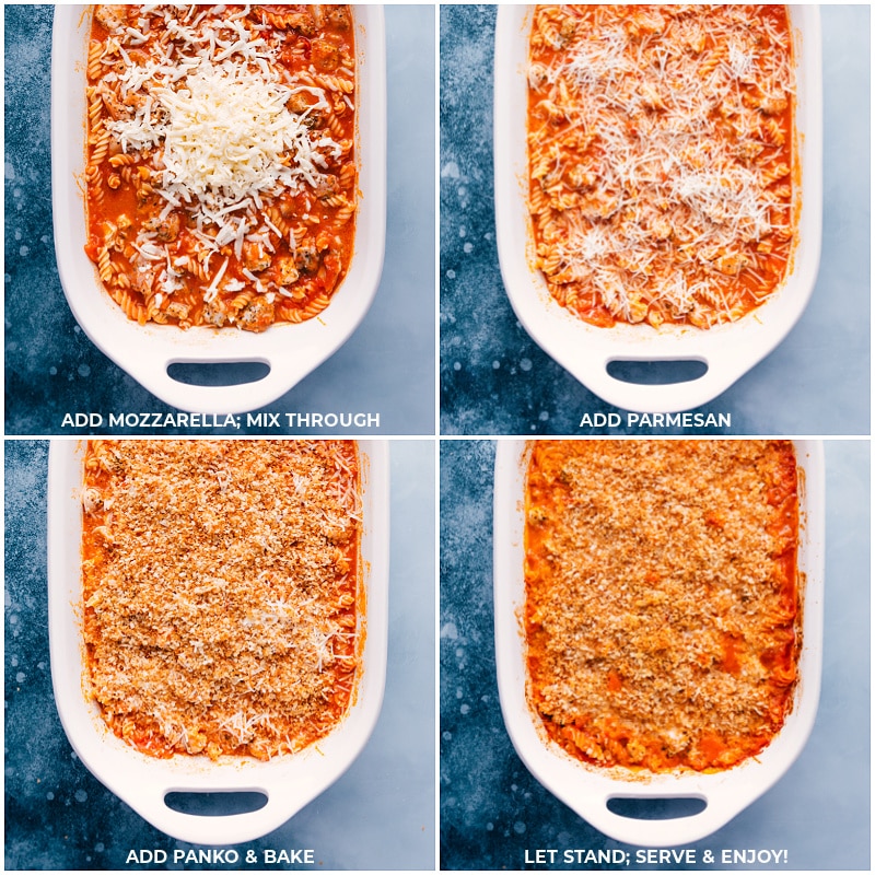 Chicken Parmesan Pasta! Recipe via ChelseasMessyApron #dinner #quick #easy #simple #best #onepan #familyfriendly #kidfriendly #chicken #parmesan #pasta Process shots-- images of the mozzarella, Parmesan cheese, and panko being added and then being baked