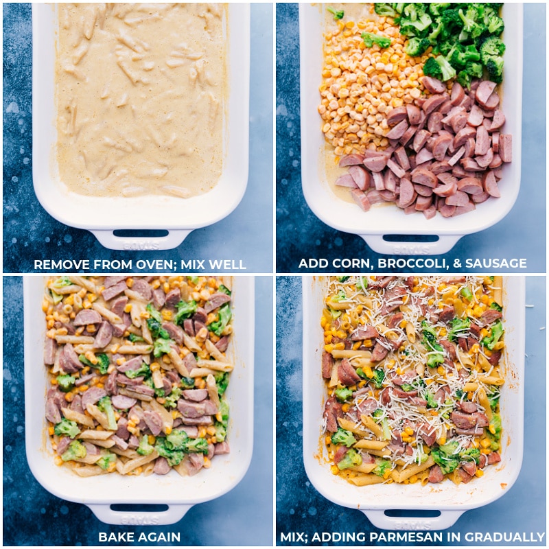 This delicious Healthy Pasta Bake is made without a heavy, cream-based sauce -- the "secret" ingredient to the creamy, but nutritious, sauce? A can of corn! Blend together the sauce, pour it over uncooked pasta, and then let the oven do all the work! Recipe via ChelseasMessyApron #dinner #quick #easy #simple #best #onepot #corn #healthy #pasta #bake Process shots-- add the corn, broccoli, and sausage and bake; add Parmesan and bake again