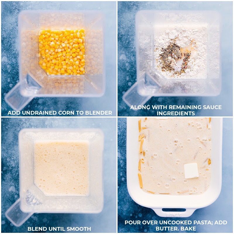 This Healthy Pasta Bake is made without a heavy, cream-based sauce! Blend together the sauce, pour it over uncooked pasta, and then let the oven do all the work! Recipe via ChelseasMessyApron #dinner #quick #easy #simple #best #onepot #corn #healthy #pasta #bake Process shots-- add all the ingredients to the blender; process and add to the dish