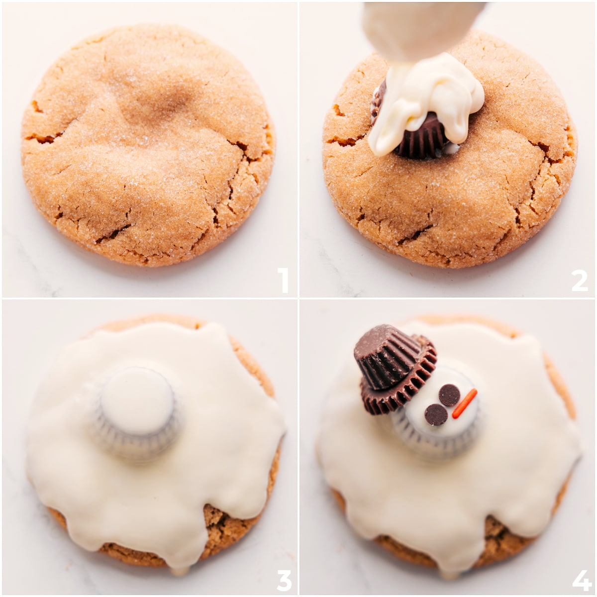 How To Make Melted Snowman Cookies Peanut butter cookies topped with peanut butter cups, drizzled white chocolate, an extra peanut butter cup โhat,โ an orange jimmie for a carrot nose, and chocolate chips for eyes.