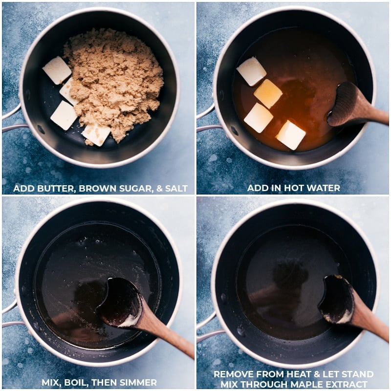 You'll be amazed how quick and easy this syrup is to make! Plus, when you make it yourself, you don't have to worry about any artificial ingredients or corn syrup. Recipe via ChelseasMessyApron #dessert #best #quick #easy #simple #breakfast #sauce #brunch #pancake #syrup Process shots-- images of the butter, brown sugar, salt, and hot water being added and it all being melted together, then it being removed from heat and the maple extract being added