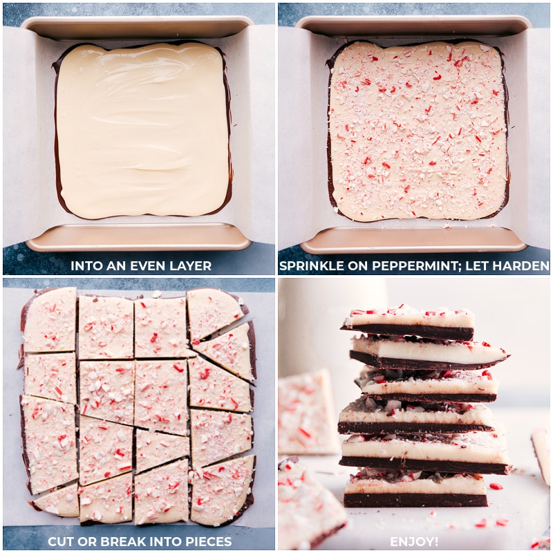 Our favorite Peppermint Bark recipe complete with 3 types of chocolate and crushed peppermint -- do holiday treats get any better than this?! Recipe via ChelseasMessyApron #dessert #best #quick #easy #simple #christmas #holidays #peppermint #bark Process shots-- images of the peppermint sprinkled over the Peppermint Bark