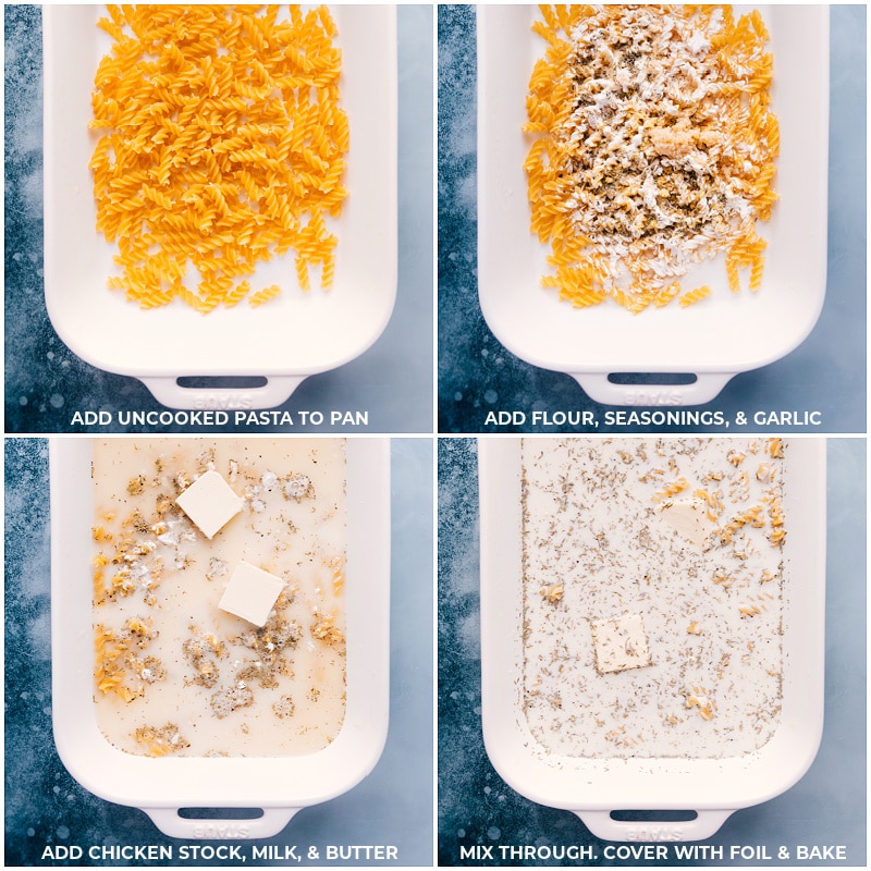 Tuna Casserole is completely assembled and prepared in one pan -- throw uncooked pasta, tuna, and veggies into a baking dish with a handful of other ingredients and watch in amazement as it bakes to creamy perfection! Recipe via ChelseasMessyApron #dinner #quick #easy #simple #best #onepan #tuna #casserole Process shots-- images of the pasta, flour, seasonings, garlic, chicken stock, milk, and butter being added and it all being mixed together