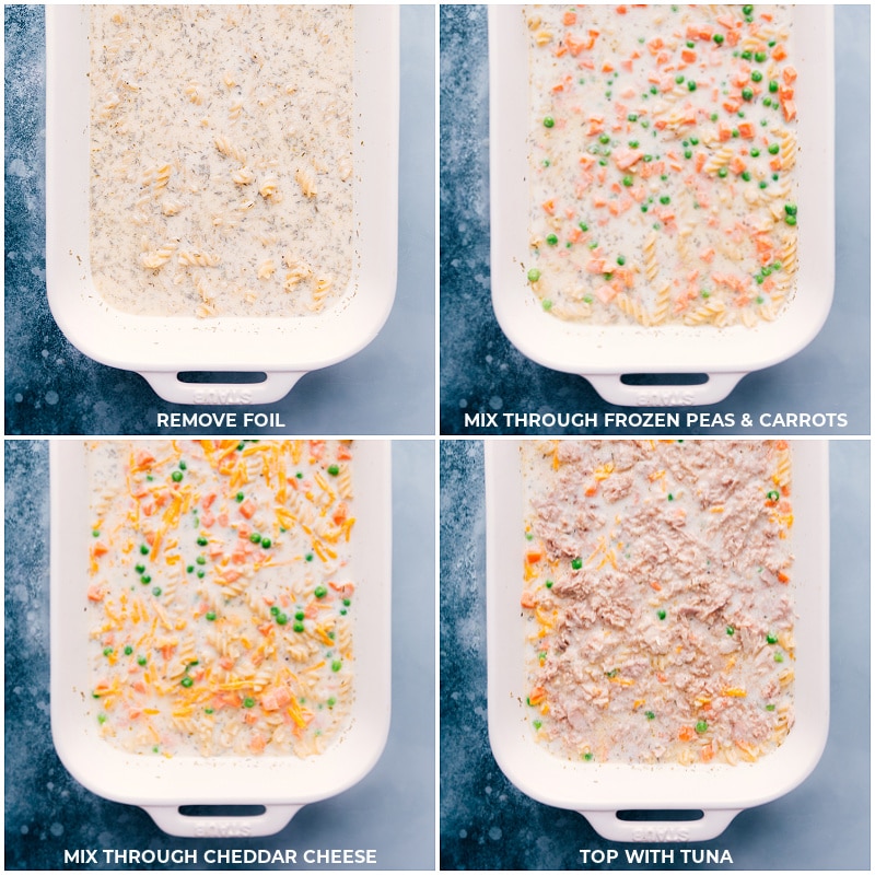 This easy Tuna Casserole is completely assembled and prepared in one pan! Recipe via ChelseasMessyApron #dinner #quick #easy #simple #best #onepan #tuna #casserole Process shots of Tuna Casserole-- images of the foil being removed, peas, carrots, cheese, and tuna being added