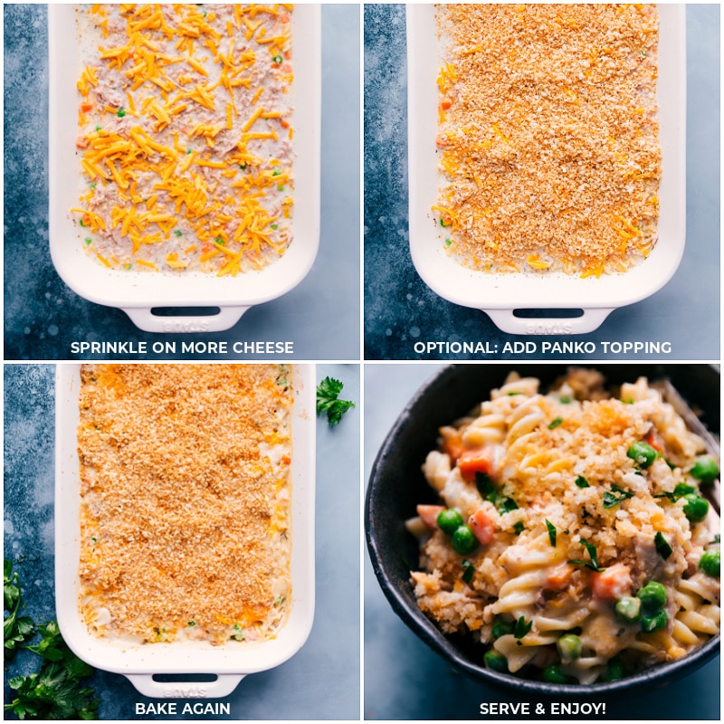This delicious Tuna Casserole is completely assembled and prepared in one pan -- throw uncooked pasta, tuna, and veggies into a baking dish with a handful of other ingredients and watch in amazement as it bakes to creamy perfection! Recipe via ChelseasMessyApron #dinner #quick #easy #simple #best #onepan #tuna #casserole Process shots-- images of cheese and panko being added as a topping and then baking again