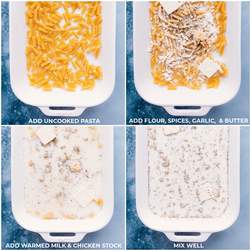 This is our favorite Tuscan Chicken Pasta -- it's loaded with flavor and made all in ONE pan! Recipe via ChelseasMessyApron #dinner #quick #easy #simple #best #spinach #tomatoes #tuscan #chicken #pasta Process shots-- images of the pasta, flour, spices, garlic, butter, milk, and chicken stock being added to a 9x13-inch pan.