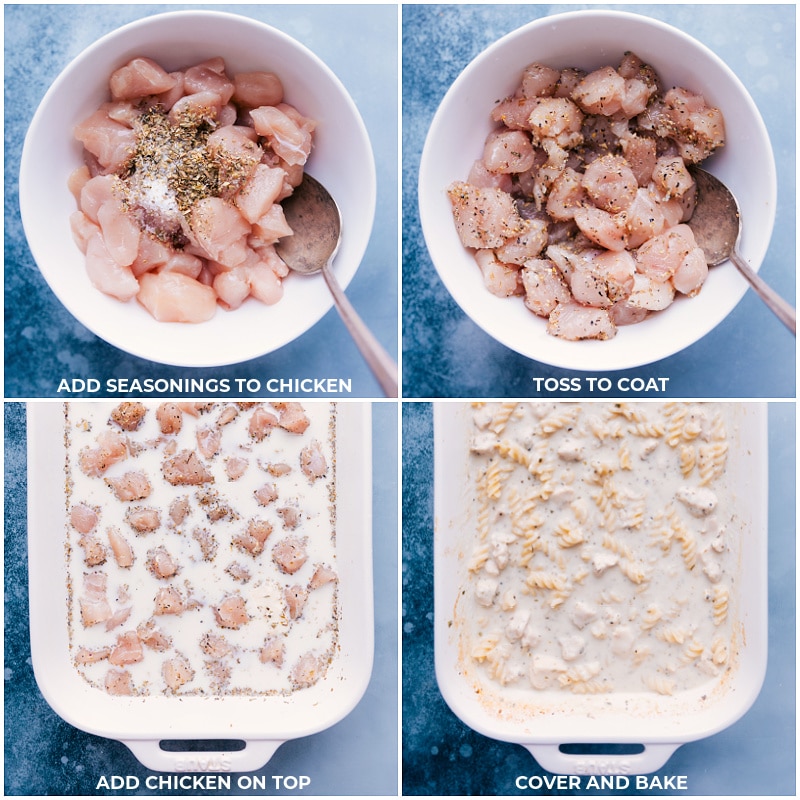 Tuscan Chicken Pasta -- it's loaded with flavor and made all in one pan! Recipe via ChelseasMessyApron #dinner #quick #easy #simple #best #spinach #tomatoes #tuscan #chicken #pasta Process shots of Tuscan Chicken Pasta-- images of the chicken being seasoned, and then being added to the pan and it all being covered and bake