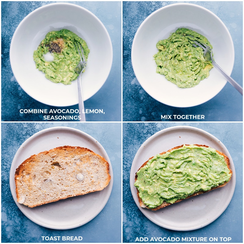 The best Avocado Toast recipes ever -- five different ways to make this nutritious, filling, and tasty breakfast, snack, or lunch. After 5+ years of regularly enjoying Avo Toast, I've narrowed down my family's top favorites and am sharing it all here. Recipe via ChelseasMessyApron #breakfast #quick #easy #simple #healthy #delicious #clean #cleaneating #whole #avocado #toast Process shots--mash avocado with lemon and seasonings; toast the bread; top the toast with avocado mixture