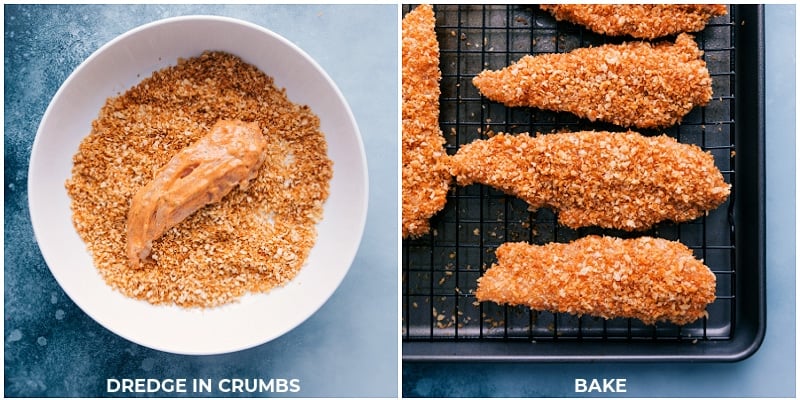 Our favorite Buffalo Chicken Tenders are baked to crispy perfection thanks to a few tricks in the preparation method. These baked tenders are an explosion of flavor and a good hit of spice. Recipe via ChelseasMessyApron #dinner #quick #easy #simple #gameday #appetizer #spicy #buffalo #chicken #tenders Process shots-- images of the chicken being dredged in the toasted Panko