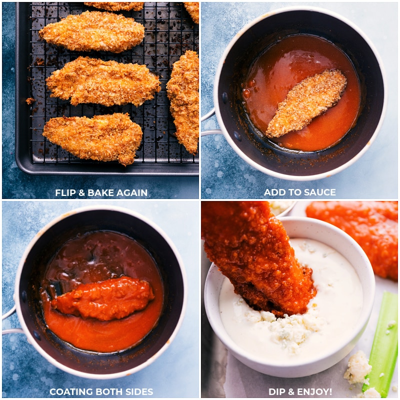 Buffalo Chicken Tenders! These baked tenders are an explosion of flavor and a good hit of spice. Dunk 'em in some blue cheese or ranch dressing and prepared to be hooked! Recipe via ChelseasMessyApron #dinner #quick #easy #simple #gameday #appetizer #spicy #buffalo #chicken #tenders Process shots of the buffalo chicken tenders-- images of them being flipped and dredged in the buffalo sauce