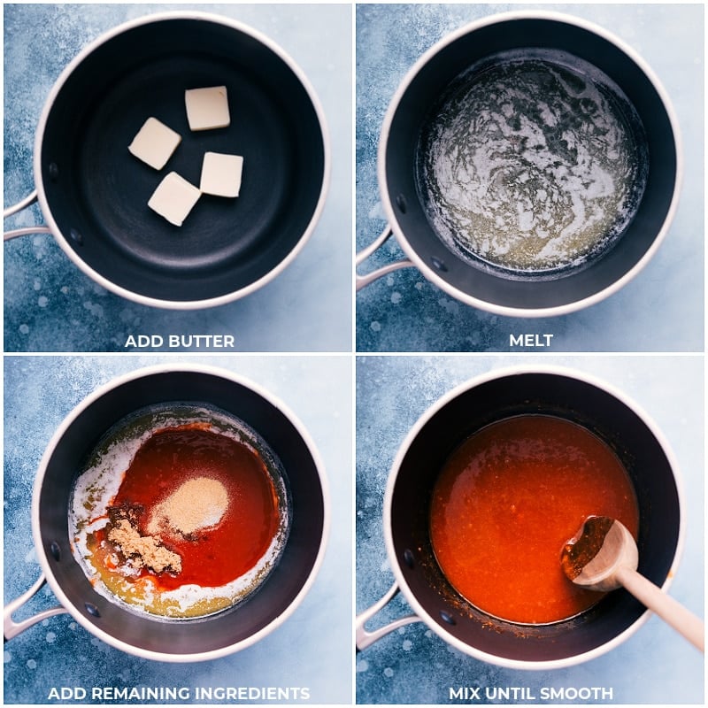 The best Buffalo Chicken Tenders are baked to crispy perfection thanks to a few tricks in the preparation method. These baked tenders are an explosion of flavor and a good hit of spice. Dunk 'em in some blue cheese or ranch dressing and prepared to be hooked! Recipe via ChelseasMessyApron #dinner #quick #easy #simple #gameday #appetizer #spicy #buffalo #chicken #tenders Process shots of Buffalo Chicken Tenders-- images of the butter and remaining ingredients being added to a pot all mixed together