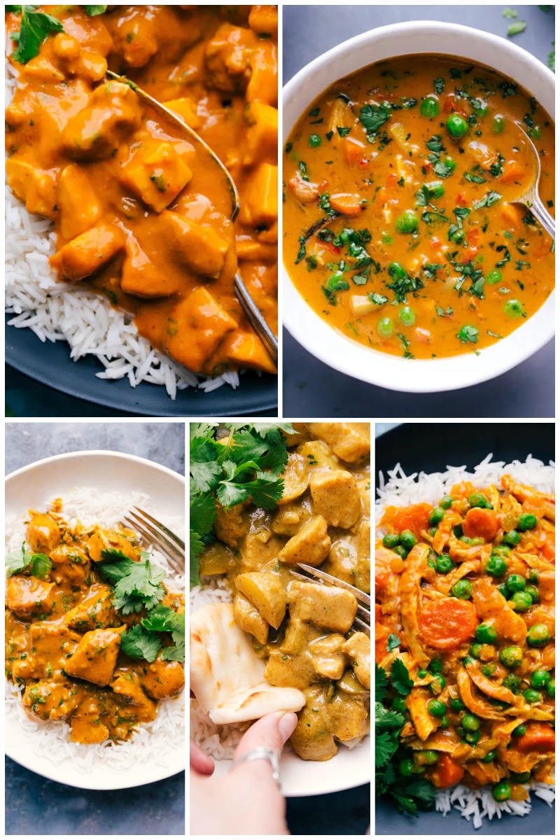 Chicken curry recipes are some of my all-time favorites. I have a big collection of them and every single one of them is a winner-winner-chicken-dinner choice! This collection of chicken curry recipes will win over anyone who thinks they don't like curry. Recipes via ChelseasMessyApron.com #chicken #dinner #chickencurry #curry #boneless #easy #delicious #variety #kidfriendly #familyfavorite Collage of curry dishes