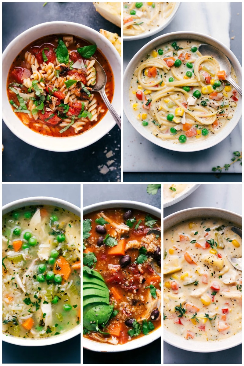 Chicken soup is an age-old remedy for colds. Whether you're sick or not, a bowl of steaming chicken soup makes everything seem better. We have so many different recipes--try several! Recipes via ChelseasMessyApron.com #chicken #dinner #chickensoup #soup#easy #delicious #variety #kidfriendly #familyfavorite Collage of soup dishes