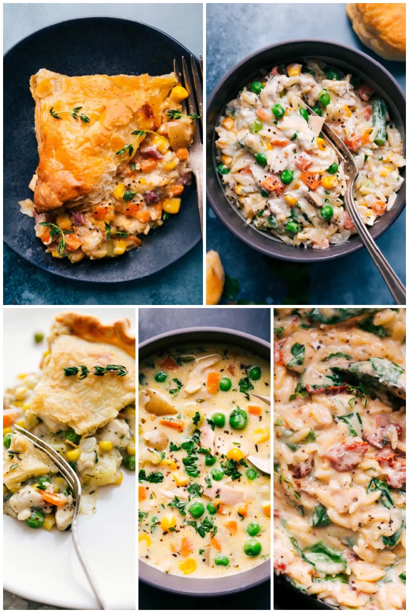 There's something about chicken pot pie--nothing says comfort food as well! I have 60 chicken recipes, and every single one of them is a winner-winner-chicken-dinner choice! This collection of chicken pot pie recipes will get your chicken extravaganza off to a great start. Recipes via ChelseasMessyApron.com #chicken #dinner #chickenbreast #potpie #easy #delicious #variety #kidfriendly #familyfavorite Collage of chicken pot pie recipes