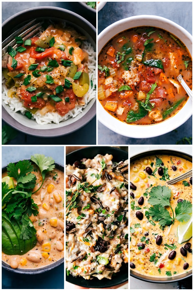 WWhen life gets busy, pull out the slow cooker! Chicken and slow cookers go hand in hand to provide healthy and delicious meals that need little attention. Recipes via ChelseasMessyApron.com #chicken #dinner #slowcooker #crockpot #dumpandgo #easy #delicious #variety #kidfriendly #familyfavorite Collage of slow cooker chicken recipes