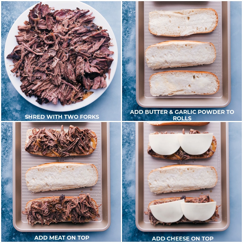 Our favorite French Dip Sandwich is loaded with fall-apart tender beef topped with melty cheese in a toasted garlic-seasoned hoagie roll. The slow cooker does the work to get the meat ultra tender and the sandwiches come together quickly & easily! Dip the sandwiches in the juices leftover in the slow cooker -- no extra work required! Recipe via ChelseasMessyApron #dinner #quick #easy #simple #best #aujusu #lunch #favorite #familyfriendly #frenchdip #sandwich Process shots of French Dip Sandwiches-- images of the meat being added to the bread and cheese being added on top