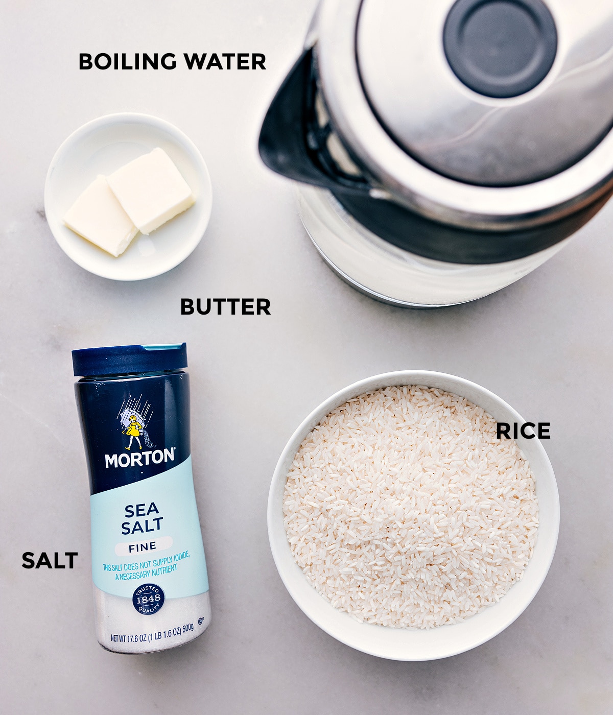 How To Make White Rice All the ingredients used in this recipe set out for easy assembly.
