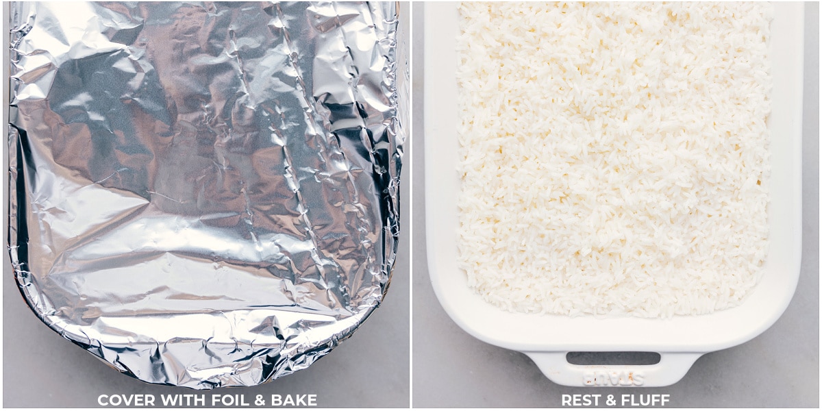 The Best White Rice The pan being covered with foil and baked.