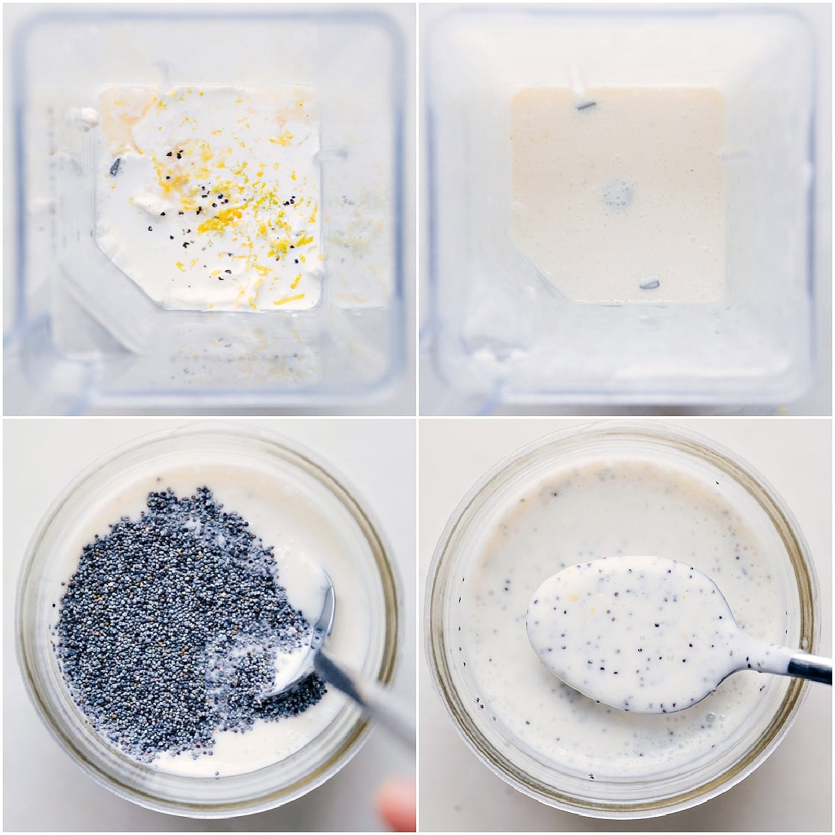 How To Make Poppyseed Dressing Recipe Ingredients for poppyseed dressing recipe in a blender, then poured into a mason jar with poppyseeds stirred in.