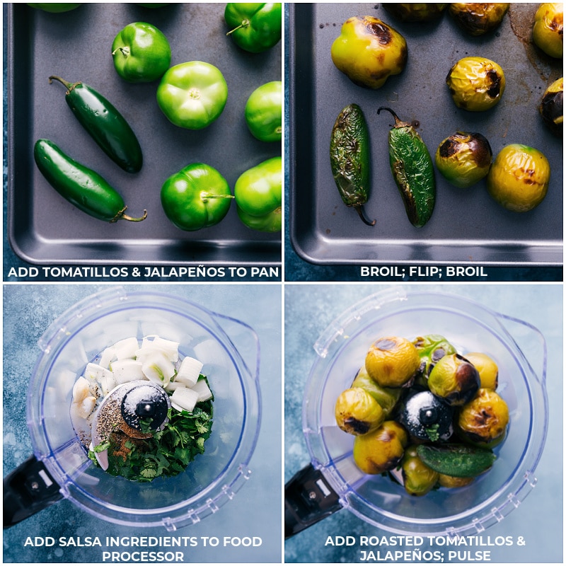 Salsa Verde is our favorite green salsa! This salsa is zesty, tangy, and has a nice underlying smoky flavor from broiling. Grab some chips, you're going to need them! Recipe via ChelseasMessyApron #side #best #quick #easy #simple #mexican #sauce #salsa #verde Process shots-- images of the tomatillos and jalapeños being baked and added to a food processor with the rest of the salsa ingredients