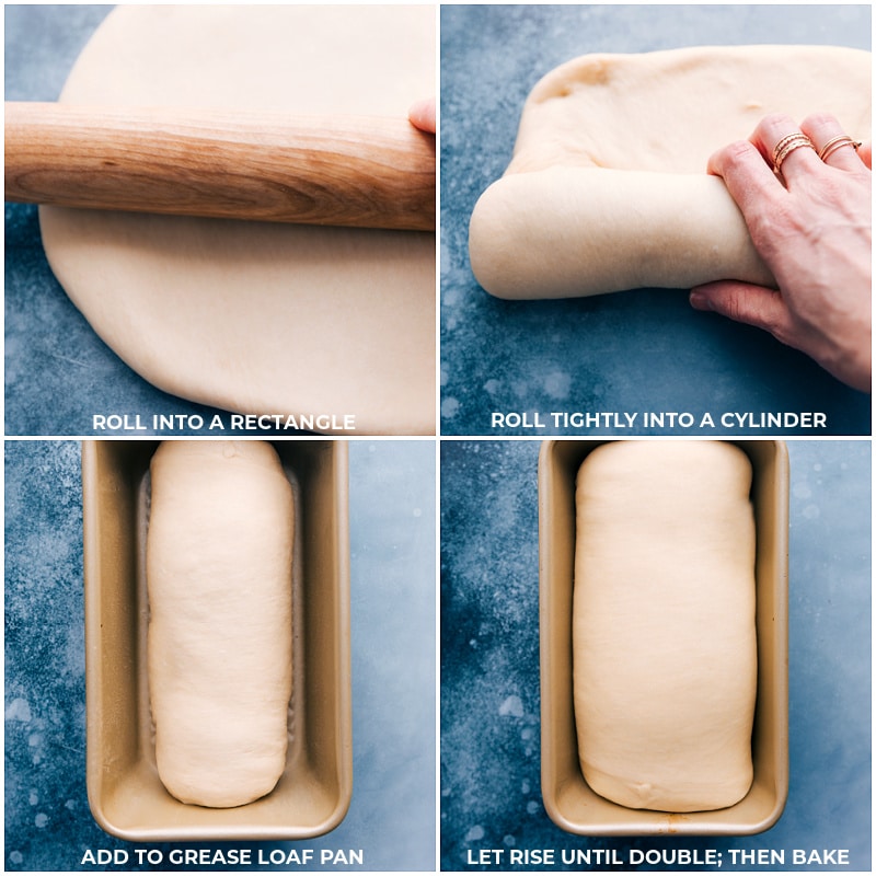 This is our go-to, favorite White Bread recipe made with only six common ingredients. Instead of making a grocery run first, you may already have everything you need! Recipe via ChelseasMessyApron #homemade #best #quick #easy #dough #white #bread Process shots--roll the dough into a rectangle; roll into a cylinder; add to the pan; let rise until double in size