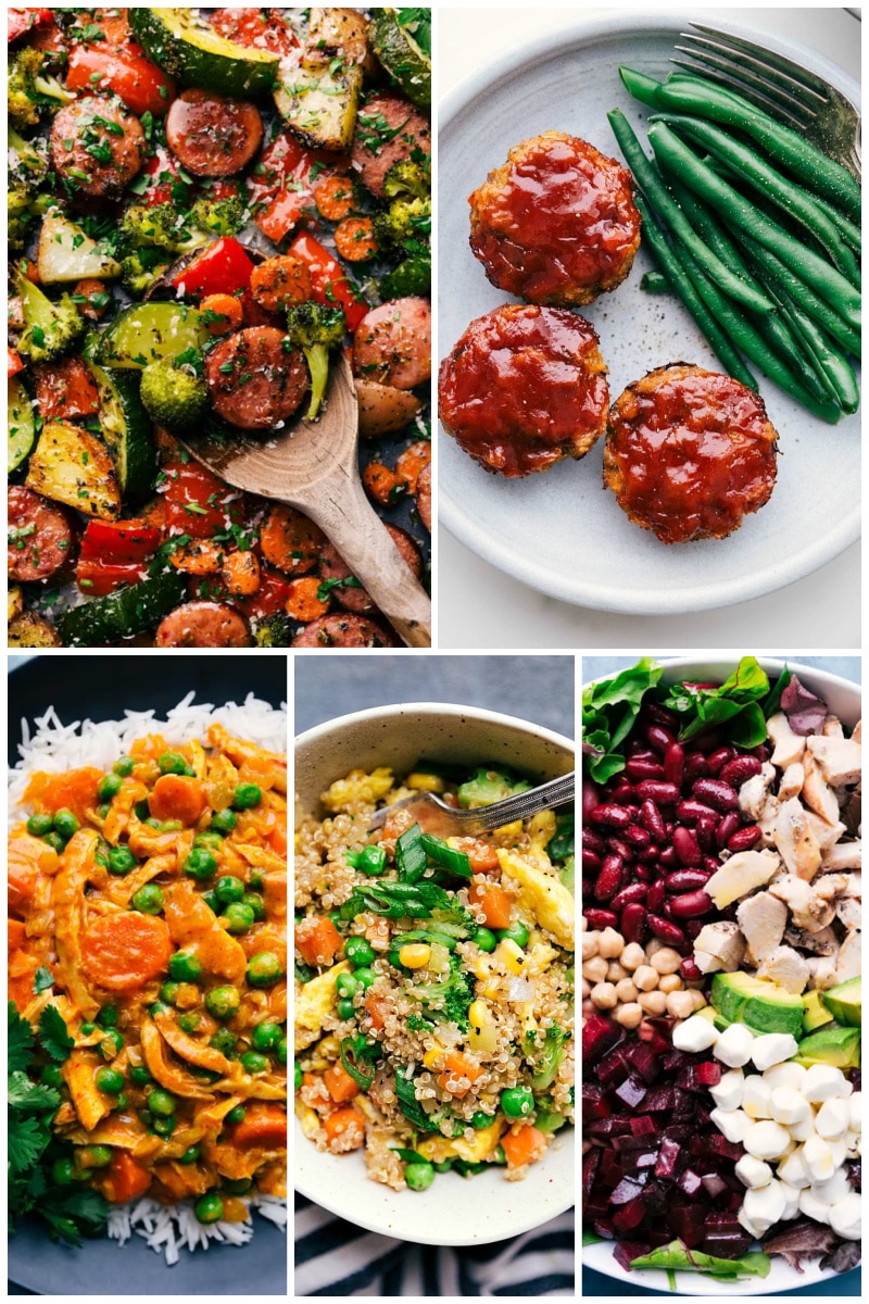 30 healthy dinner recipes all compiled together to help save you hours of searching to meal plan! #dinner #quick #easy #simple #best #familyfriendly #kidfriendly #cleaneating #wholefood #healthy #dinner #recipes Overhead image of 5 healthy dinner recipes!