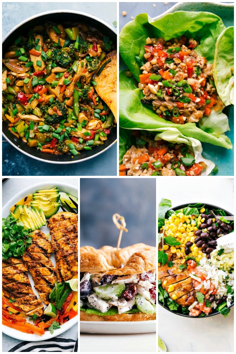 30 healthy dinner recipes! #dinner #quick #easy #simple #best #familyfriendly #kidfriendly #cleaneating #wholefood #healthy #dinner #recipes Images of 5 different healthy chicken dinner recipes