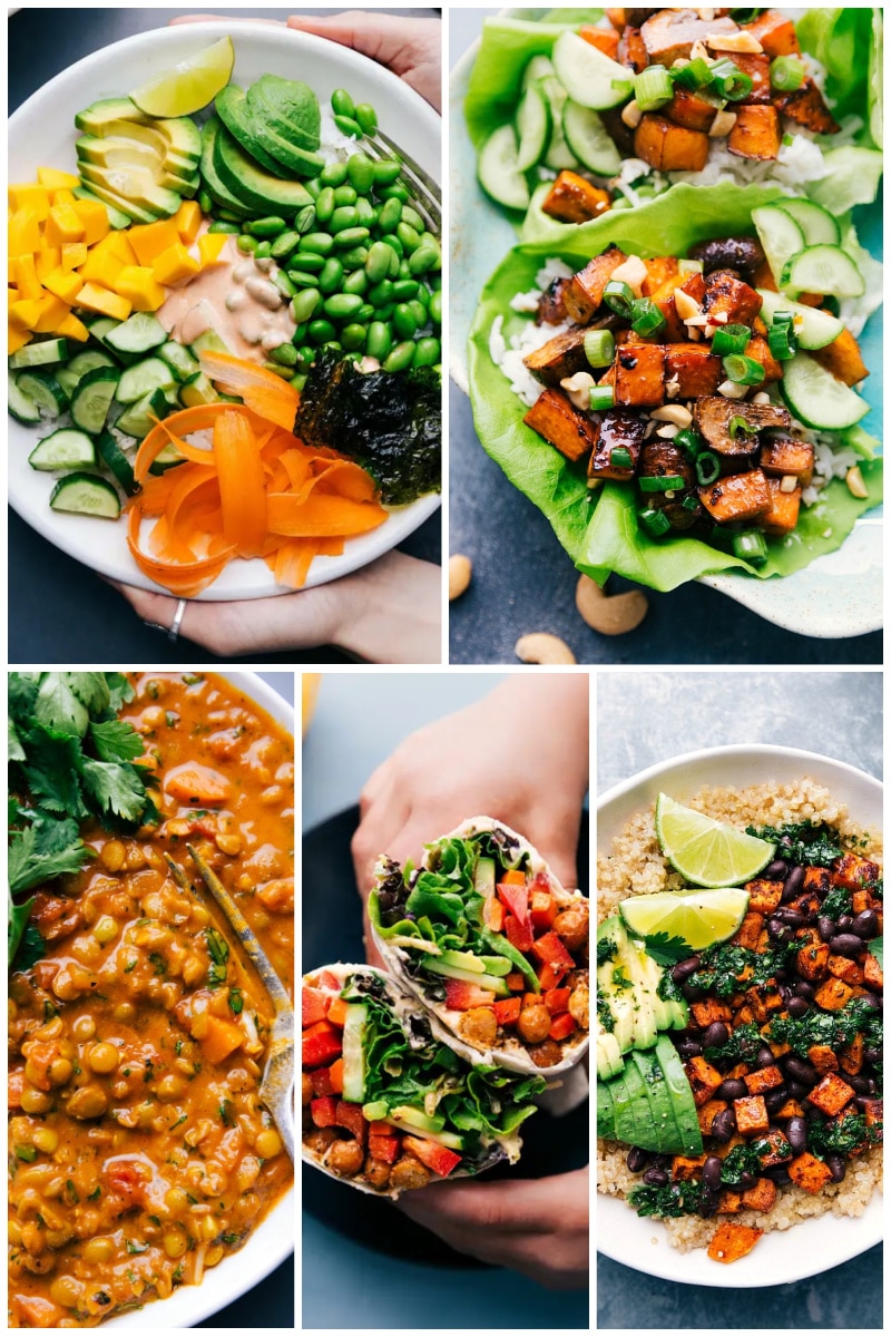 Our favorite 30 healthy dinner recipes! #dinner #quick #easy #simple #best #familyfriendly #kidfriendly #cleaneating #wholefood #healthy #dinner #recipes 5 images of different vegetarian dishes