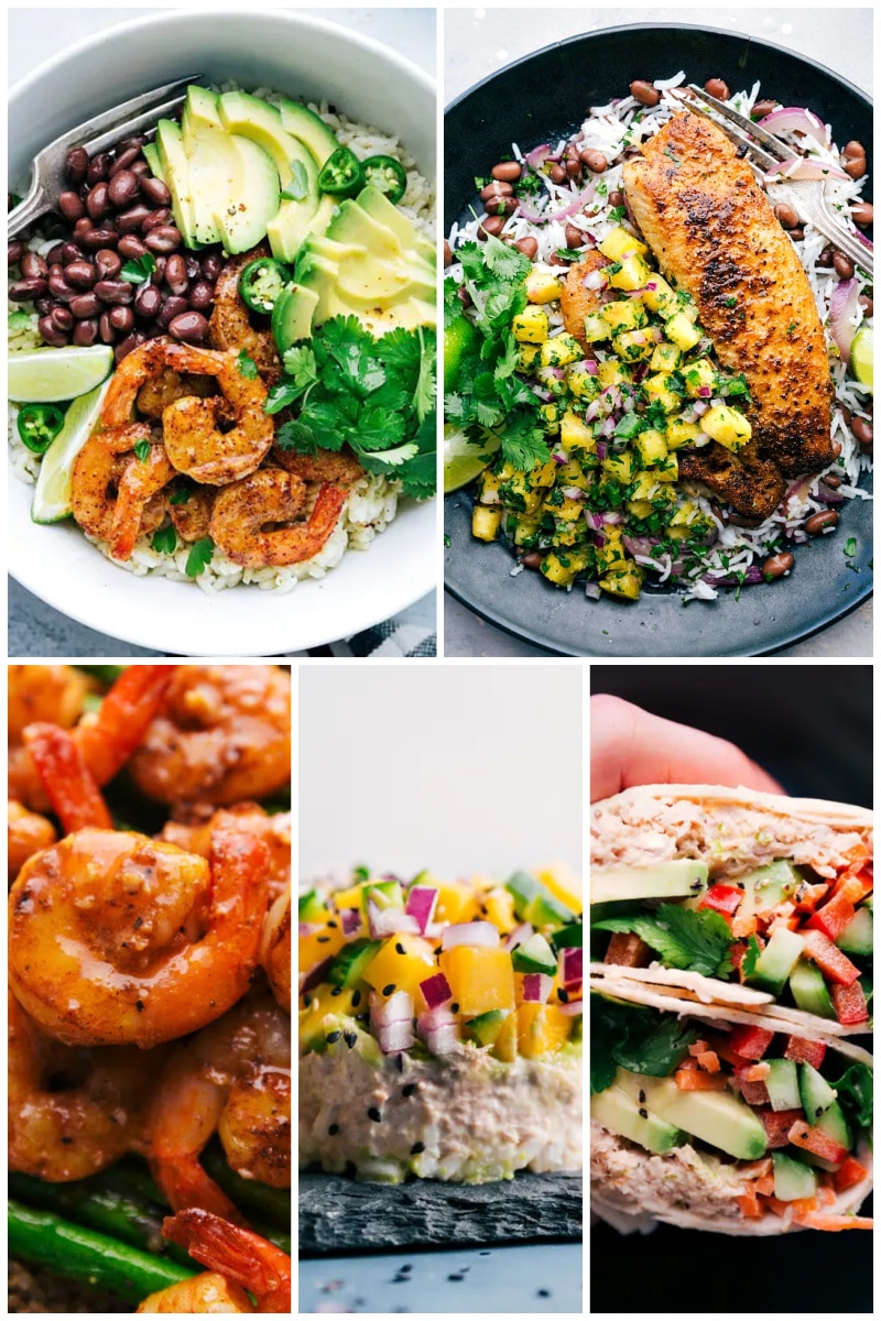 Our families favorite 30 healthy dinner recipes! #dinner #quick #easy #simple #best #familyfriendly #kidfriendly #cleaneating #wholefood #healthy #dinner #recipes Images of 5 seafood dishes