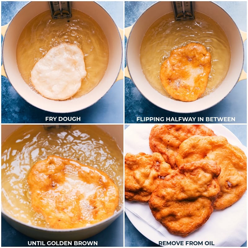 The dough is deep fried in oil and can be enjoyed right out of the oil or with various toppings -- sweet or savory. Recipe via ChelseasMessyApron #fried #best #quick #easy #simple #carnival #fry #bread #frybread Process shots-- images of the dough being fried
