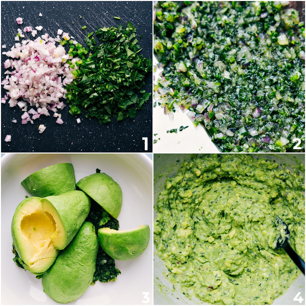 How To Make This Simple And Delicious Guacamole Recipe Finely chopped cilantro and onions mixed with avocado, seasonings, lime, and lemon juice to make guacamole.