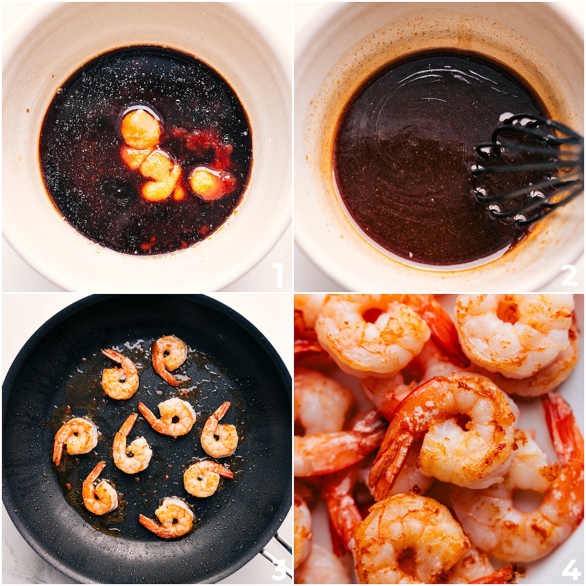 How To Make Honey Garlic Shrimp Sauce being whisked together and mixed into the skillet with the cooking shrimp.