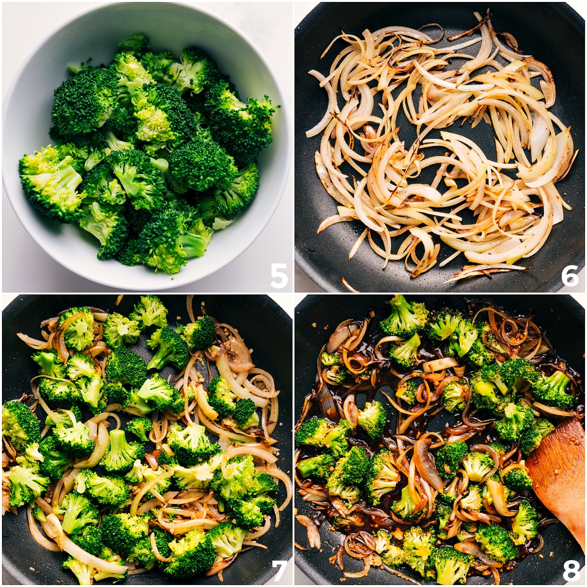 Cooking The Veggies For This One Skillet Honey Garlic Shrimp The broccoli and onions being cooked in the skillet along with the sauce being added in for this honey garlic shrimp