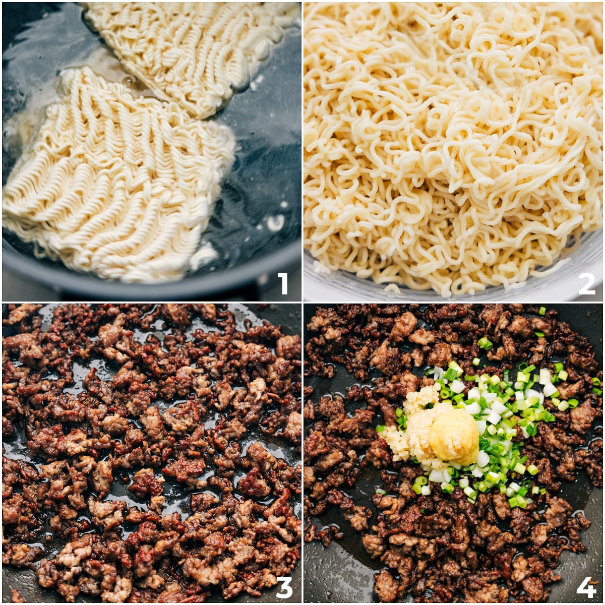 How To Make Easy Pork Ramen Stir Fry The noodles being boiled and the pork being browned and cooked through then ginger, garlic, and green onions being added.