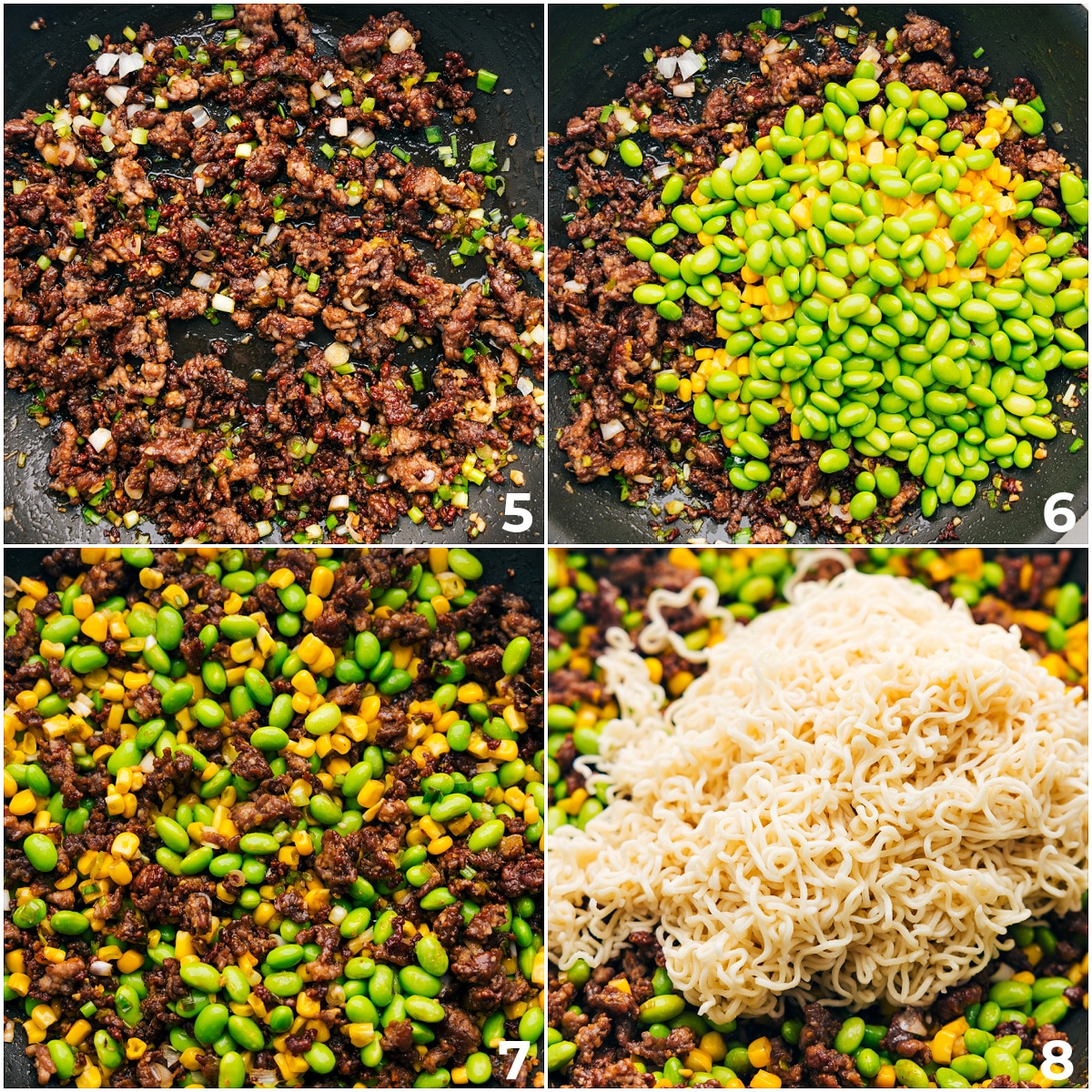 Easy And Delicious Pork Ramen Stir Fry Recipe Edamame and corn being added and warmed through the pork then the noodles being added in with the meat for this Pork Ramen Stir Fry Recipe.